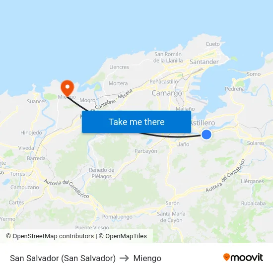 San Salvador (San Salvador) to Miengo map