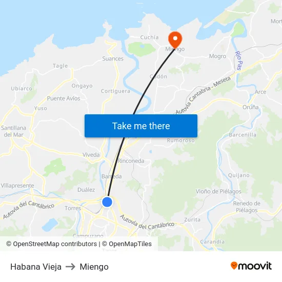 Habana Vieja to Miengo map