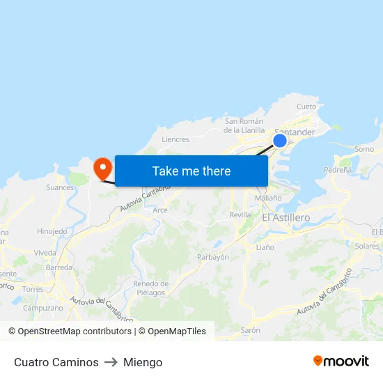 Cuatro Caminos to Miengo map