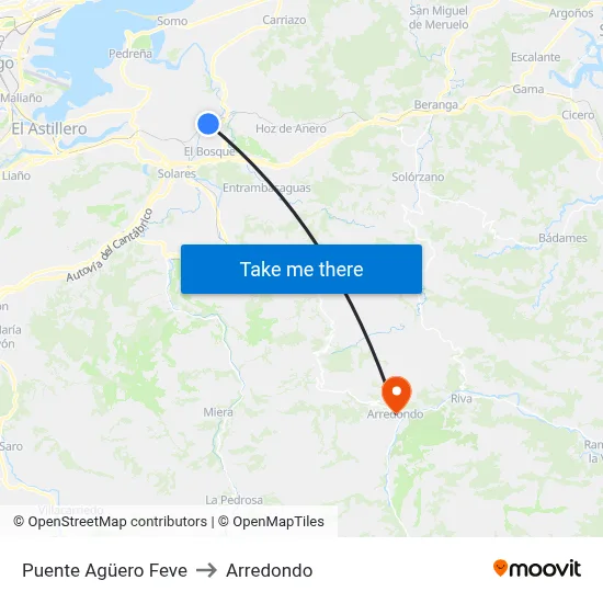 Puente Agüero Feve to Arredondo map