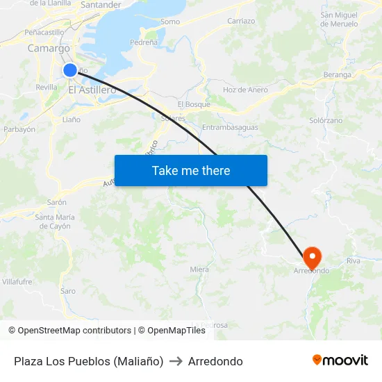 Plaza Los Pueblos (Maliaño) to Arredondo map