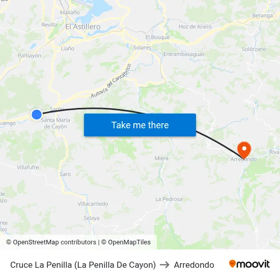 Cruce La Penilla (La Penilla De Cayon) to Arredondo map