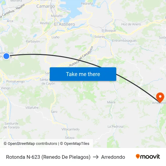 Rotonda N-623 (Renedo De Pielagos) to Arredondo map