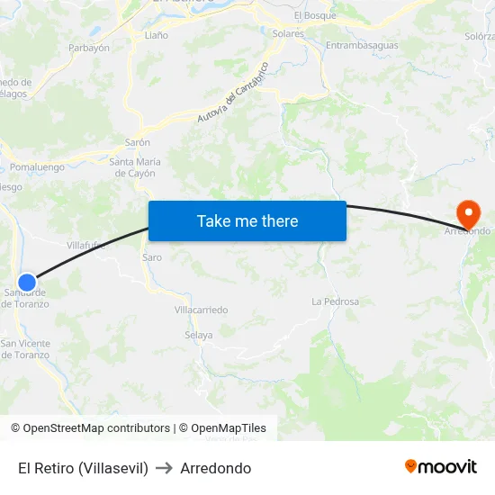 El Retiro (Villasevil) to Arredondo map