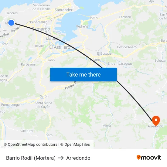 Barrio Rodil (Mortera) to Arredondo map