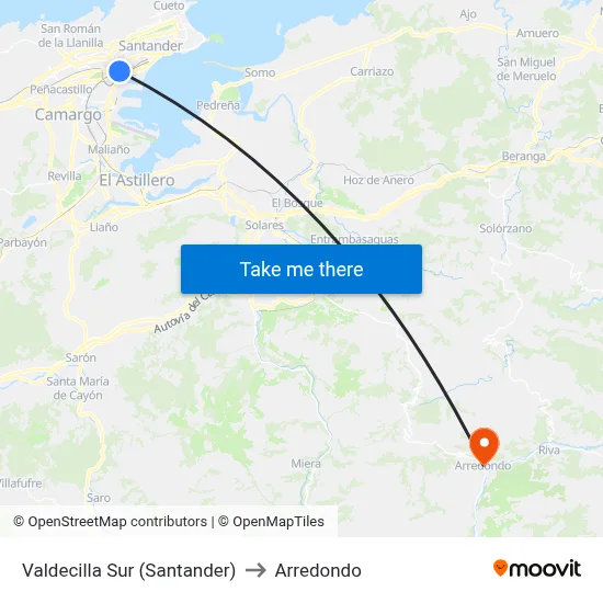 Valdecilla Sur (Santander) to Arredondo map