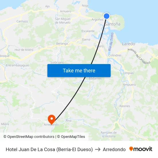 Hotel Juan De La Cosa (Berria-El Dueso) to Arredondo map