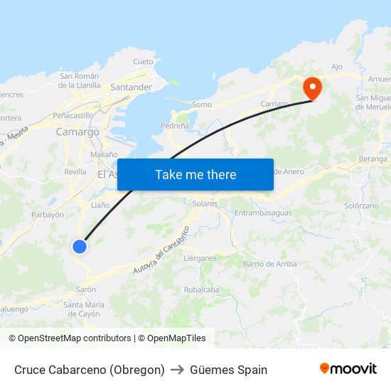Cruce Cabarceno (Obregon) to Güemes Spain map