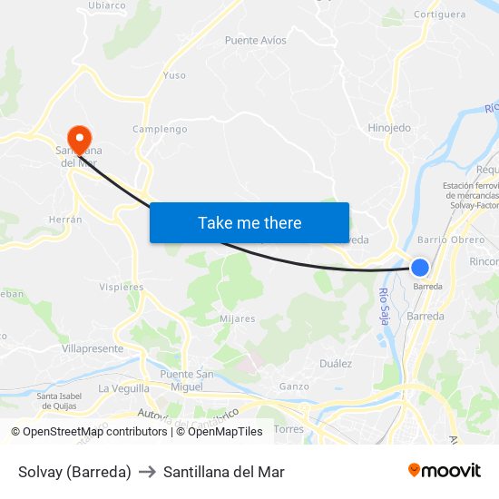 Solvay (Barreda) to Santillana del Mar map