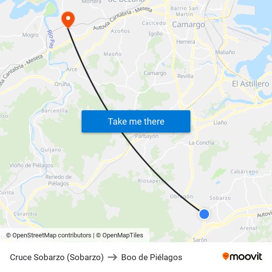 Cruce Sobarzo (Sobarzo) to Boo de Piélagos map