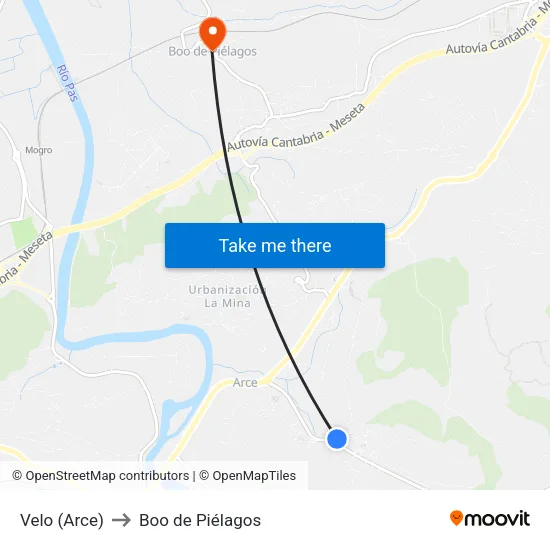 Velo (Arce) to Boo de Piélagos map
