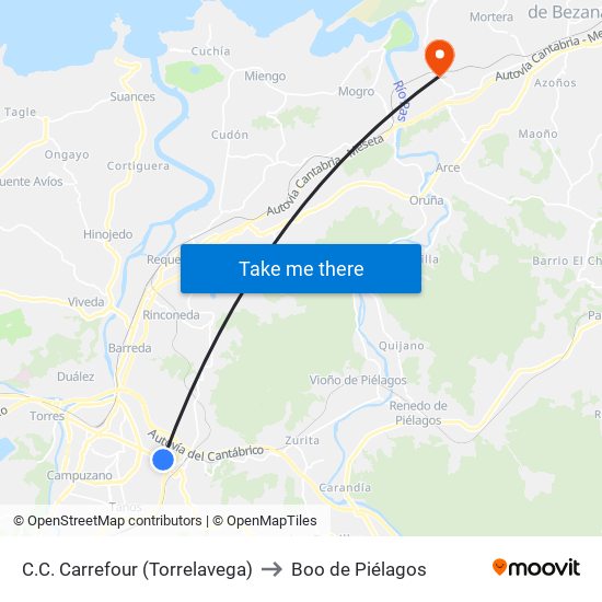 C.C. Carrefour (Torrelavega) to Boo de Piélagos map