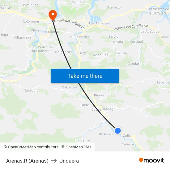 Arenas.R (Arenas) to Unquera map