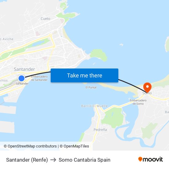 Santander (Renfe) to Somo Cantabria Spain map