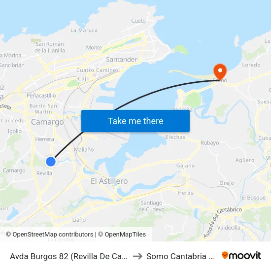Avda Burgos 82 (Revilla De Camargo) to Somo Cantabria Spain map