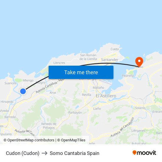 Cudon (Cudon) to Somo Cantabria Spain map