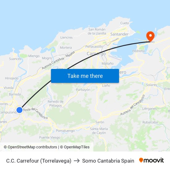 C.C. Carrefour (Torrelavega) to Somo Cantabria Spain map