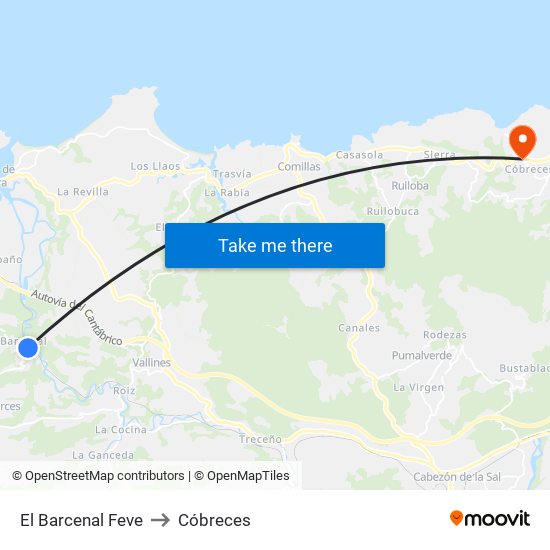 El Barcenal Feve to Cóbreces map