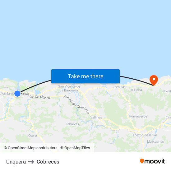 Unquera to Cóbreces map