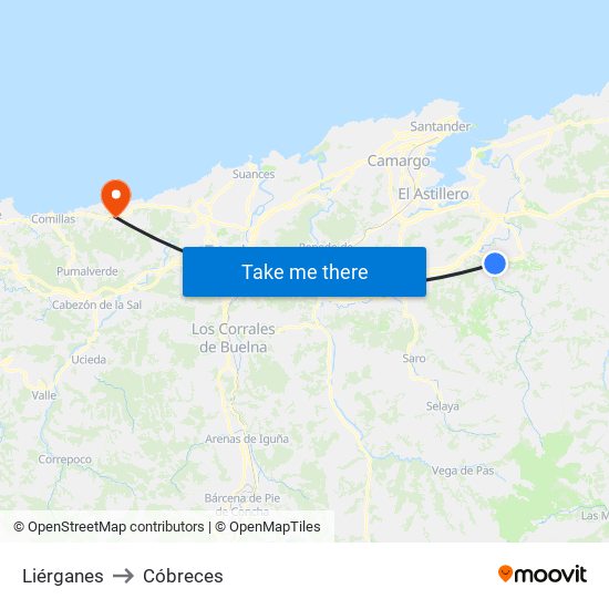Liérganes to Cóbreces map