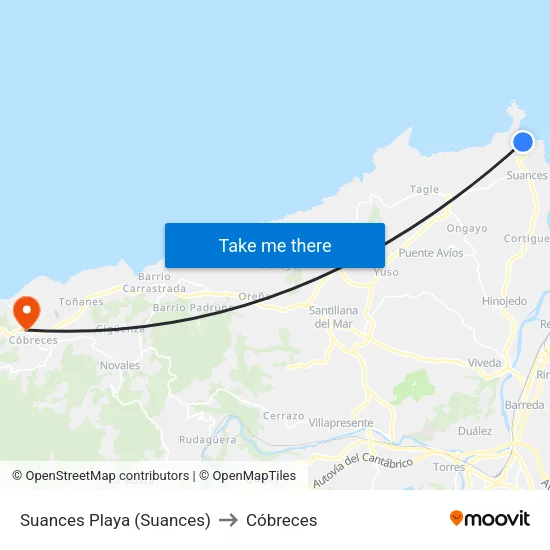 Suances Playa (Suances) to Cóbreces map