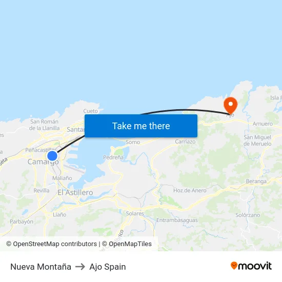 Nueva Montaña to Ajo Spain map