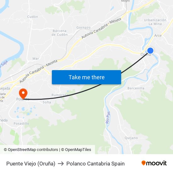 Puente Viejo (Oruña) to Polanco Cantabria Spain map