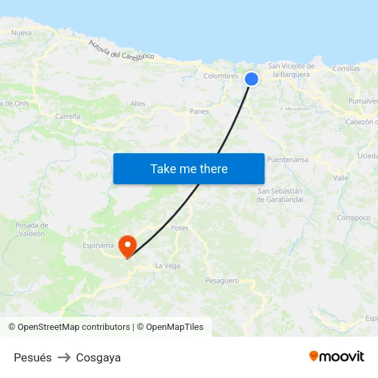 Pesués to Cosgaya map