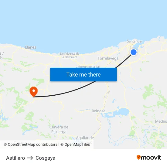 Astillero to Cosgaya map
