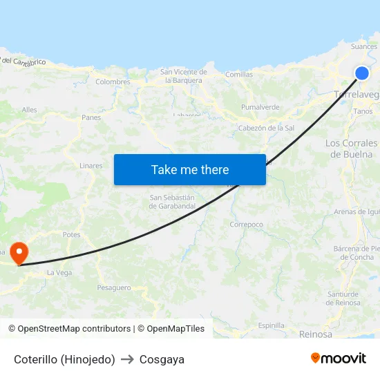 Coterillo (Hinojedo) to Cosgaya map