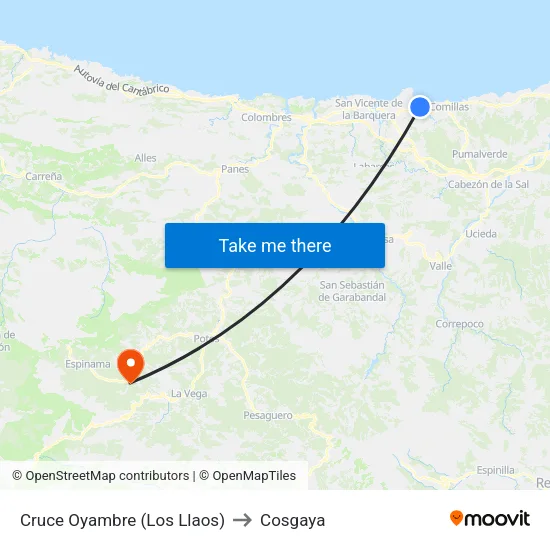 Cruce Oyambre (Los Llaos) to Cosgaya map