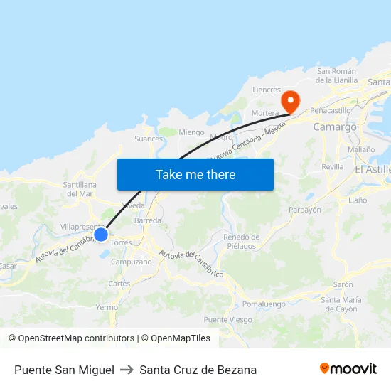 Puente San Miguel to Santa Cruz de Bezana map