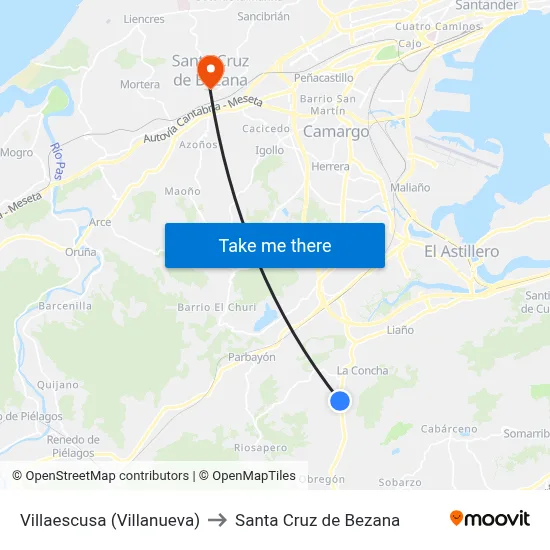 Villaescusa (Villanueva) to Santa Cruz de Bezana map