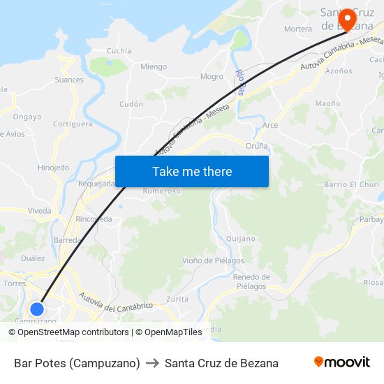 Bar Potes (Campuzano) to Santa Cruz de Bezana map
