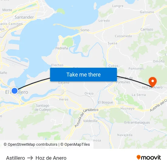 Astillero to Hoz de Anero map