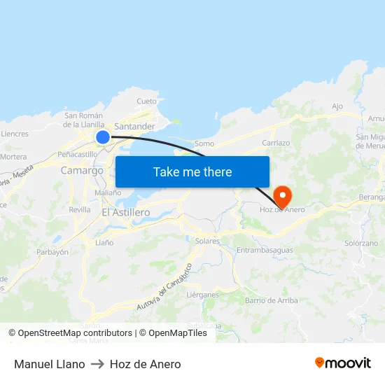 Manuel Llano to Hoz de Anero map