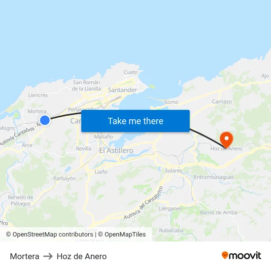 Mortera to Hoz de Anero map