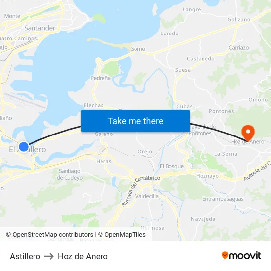 Astillero to Hoz de Anero map