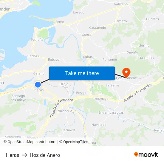 Heras to Hoz de Anero map