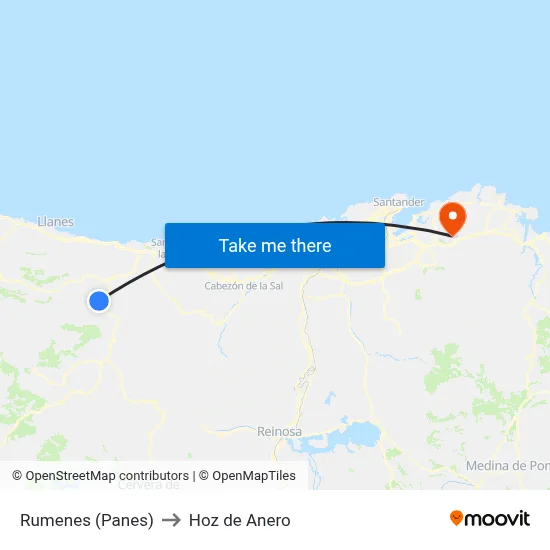 Rumenes (Panes) to Hoz de Anero map