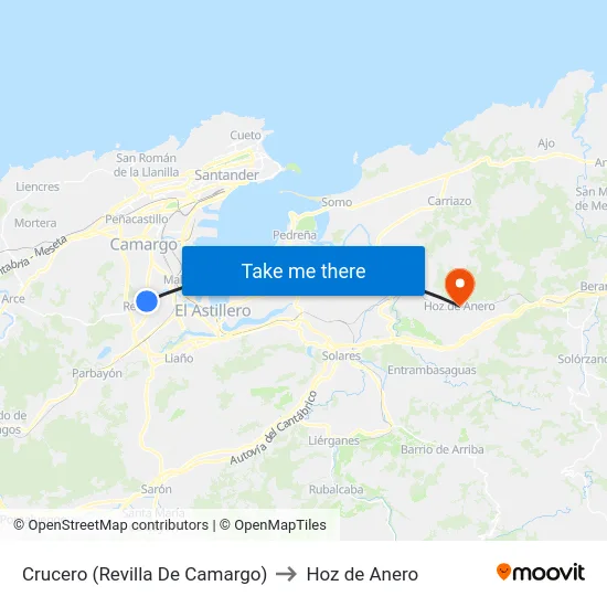 Crucero (Revilla De Camargo) to Hoz de Anero map