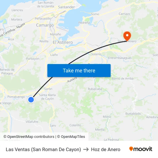 Las Ventas (San Roman De Cayon) to Hoz de Anero map