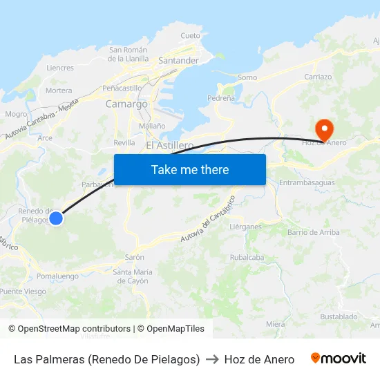 Las Palmeras (Renedo De Pielagos) to Hoz de Anero map