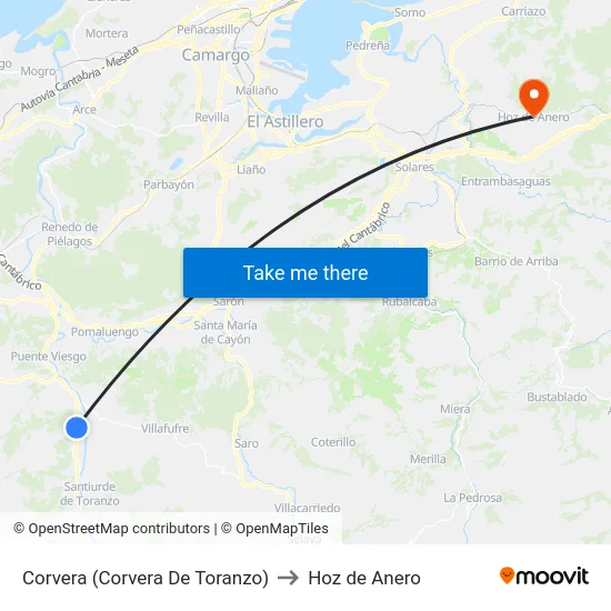 Corvera (Corvera De Toranzo) to Hoz de Anero map