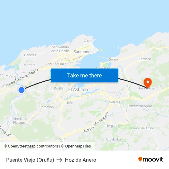 Puente Viejo (Oruña) to Hoz de Anero map