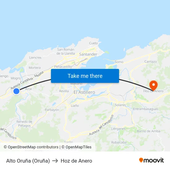 Alto Oruña (Oruña) to Hoz de Anero map