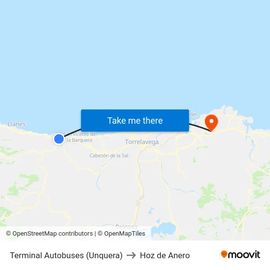 Terminal Autobuses (Unquera) to Hoz de Anero map