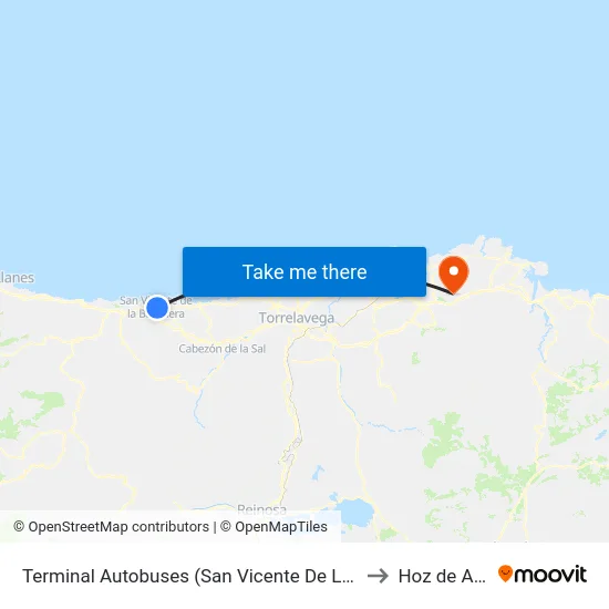 Terminal Autobuses (San Vicente De La Barquera) to Hoz de Anero map