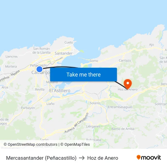 Mercasantander (Peñacastillo) to Hoz de Anero map