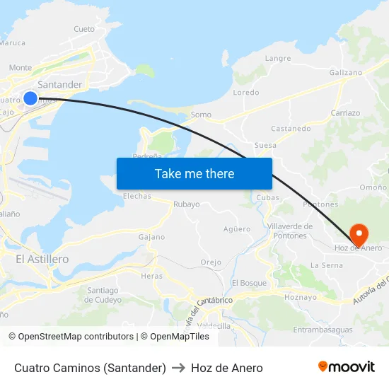 Cuatro Caminos (Santander) to Hoz de Anero map